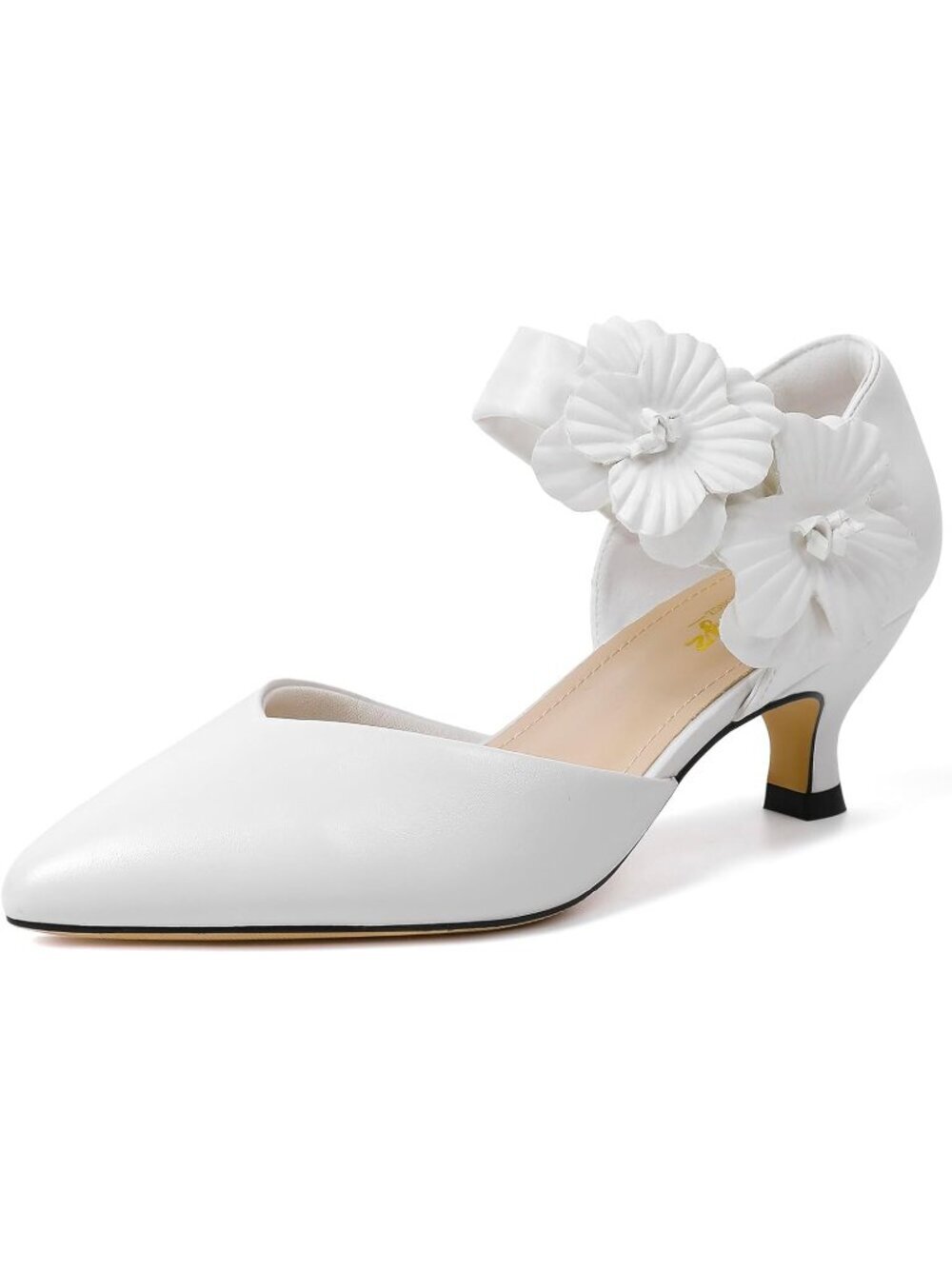 Women's White Heels Closed Toe Slip On Comfortable Flower Shoes